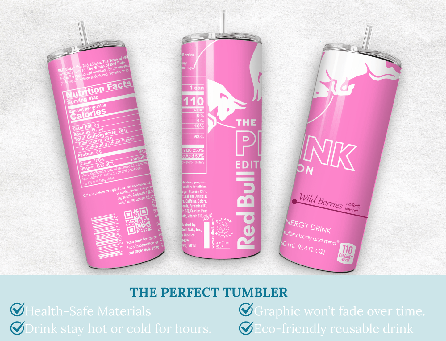 Pink Energy Drink Inspired 20oz Skinny Tumbler — Custom Drinkware with Reusable Straw - MK CREATIONS