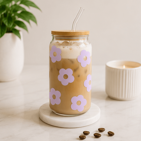 Purple Flowers-Glass Cup - MK CREATIONS