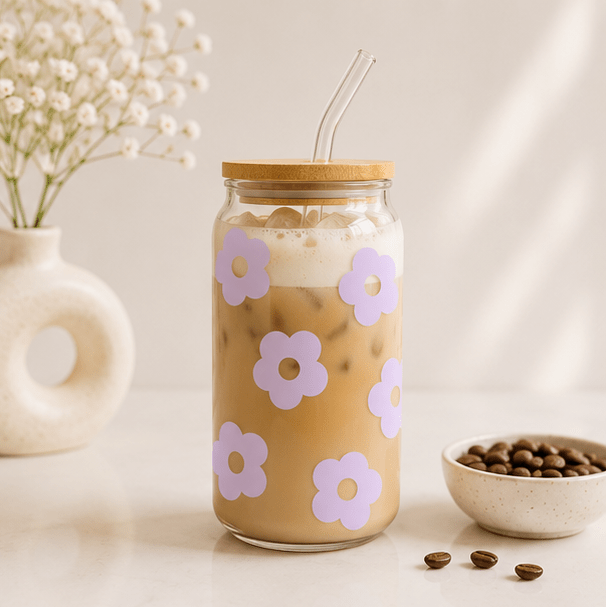 Purple Flowers-Glass Cup - MK CREATIONS