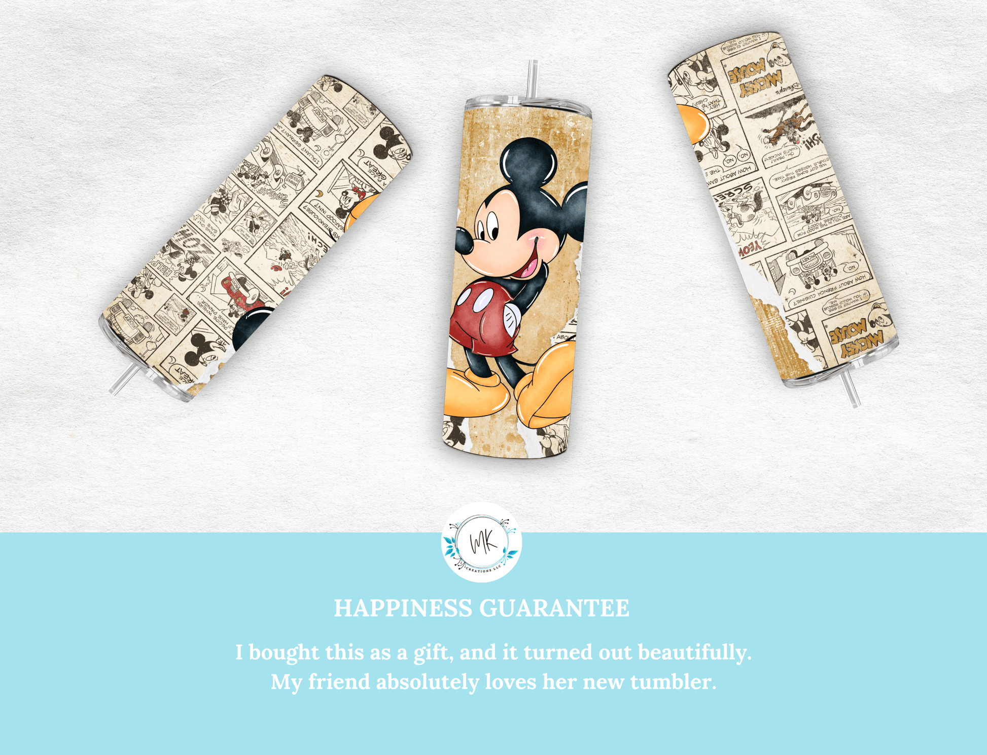 Retro Mickey Mouse 20 oz Skinny Tumbler,Mickey Comic Book Strip - MK CREATIONS