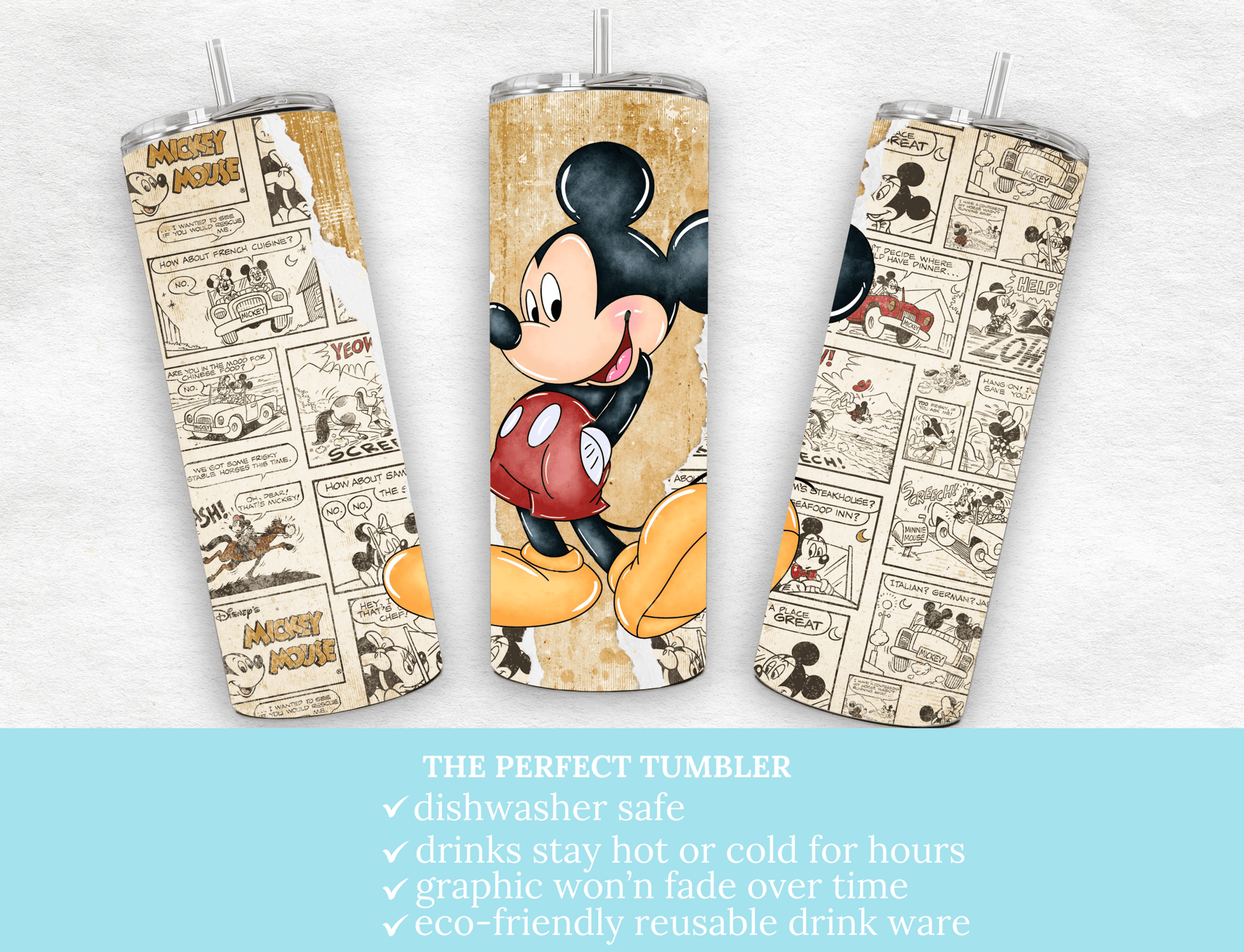Retro Mickey Mouse 20 oz Skinny Tumbler,Mickey Comic Book Strip - MK CREATIONS