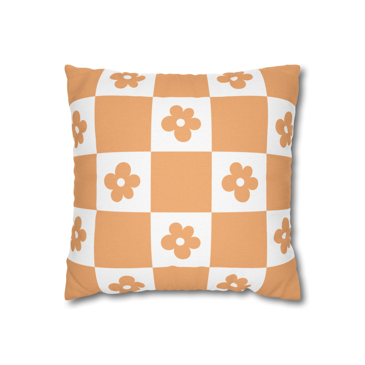 Retro Orange Checker Floral Pillow Cover — 16" Square Decorative Throw - MK CREATIONS