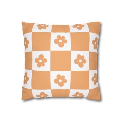 Retro Orange Checker Floral Pillow Cover — 16" Square Decorative Throw - MK CREATIONS