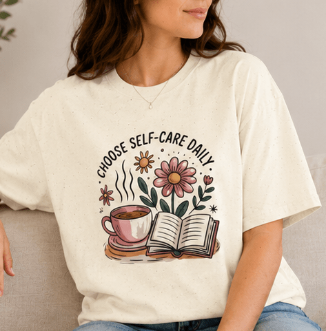Self-Care Daily T-Shirt — "Choose Self-Care Daily" Floral Coffee & Book Tee - MK CREATIONS