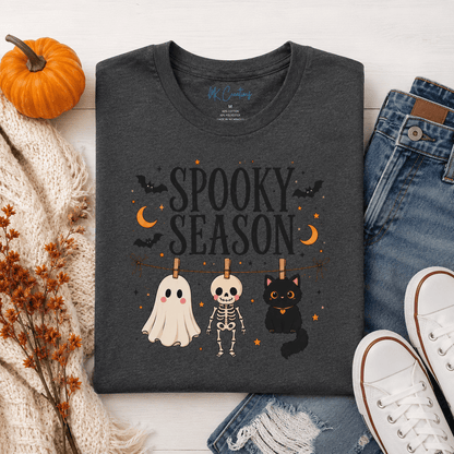 Spooky Season Shirt, Halloween Shirt for Women, Cute Ghost Shirt, Skeleton & Black Cat Tee, Halloween Graphic T-Shirt, Spooky Fall Tee - MK CREATIONS