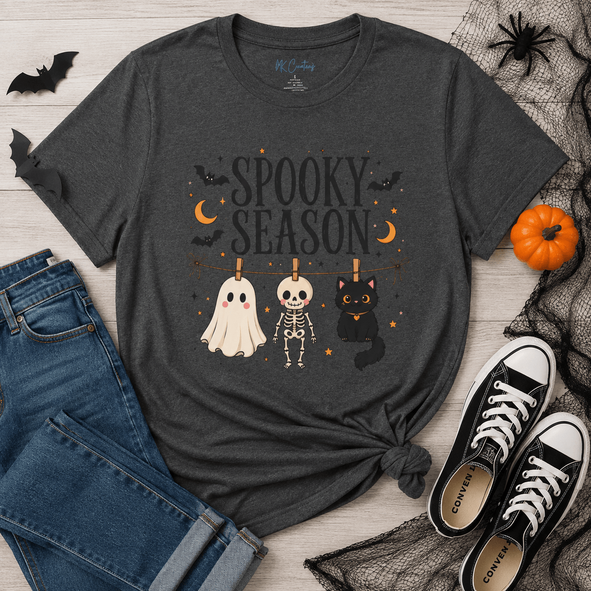 Spooky Season Shirt, Halloween Shirt for Women, Cute Ghost Shirt, Skeleton & Black Cat Tee, Halloween Graphic T-Shirt, Spooky Fall Tee - MK CREATIONS
