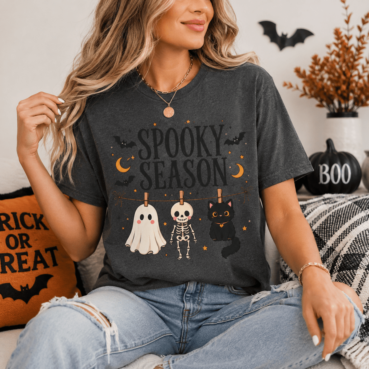 Spooky Season Shirt, Halloween Shirt for Women, Cute Ghost Shirt, Skeleton & Black Cat Tee, Halloween Graphic T-Shirt, Spooky Fall Tee - MK CREATIONS