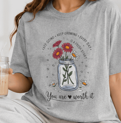 T-Shirt — Mason Jar Wildflowers "Keep Going, Keep Growing" Inspirational Tee - MK CREATIONS