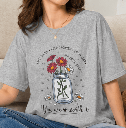 T-Shirt — Mason Jar Wildflowers "Keep Going, Keep Growing" Inspirational Tee - MK CREATIONS