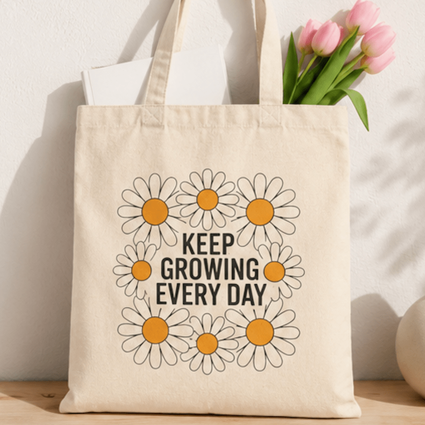 Tote Bag — "Keep Growing Every Day" Daisy Canvas Tote - MK CREATIONS