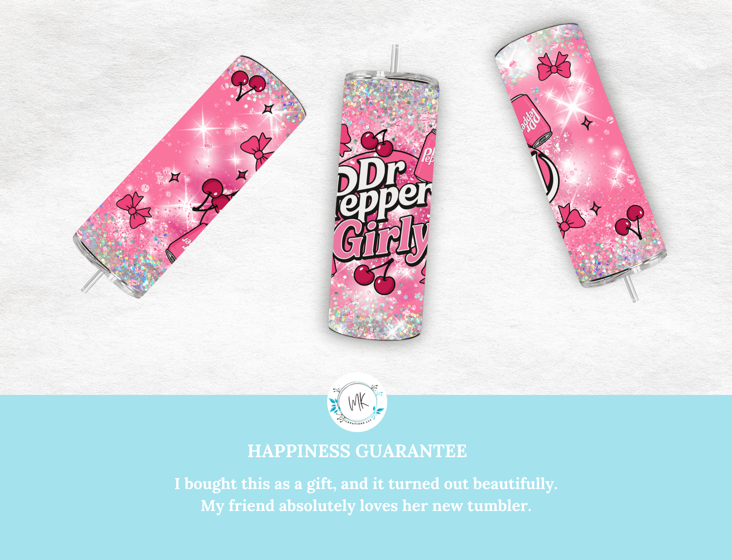 Trendy cherry Dr. Pepper Girly. Pink Bow - Tied Bottle Drinks Wrap for 20oz Tumblers, soda pattern, bows - MK CREATIONS
