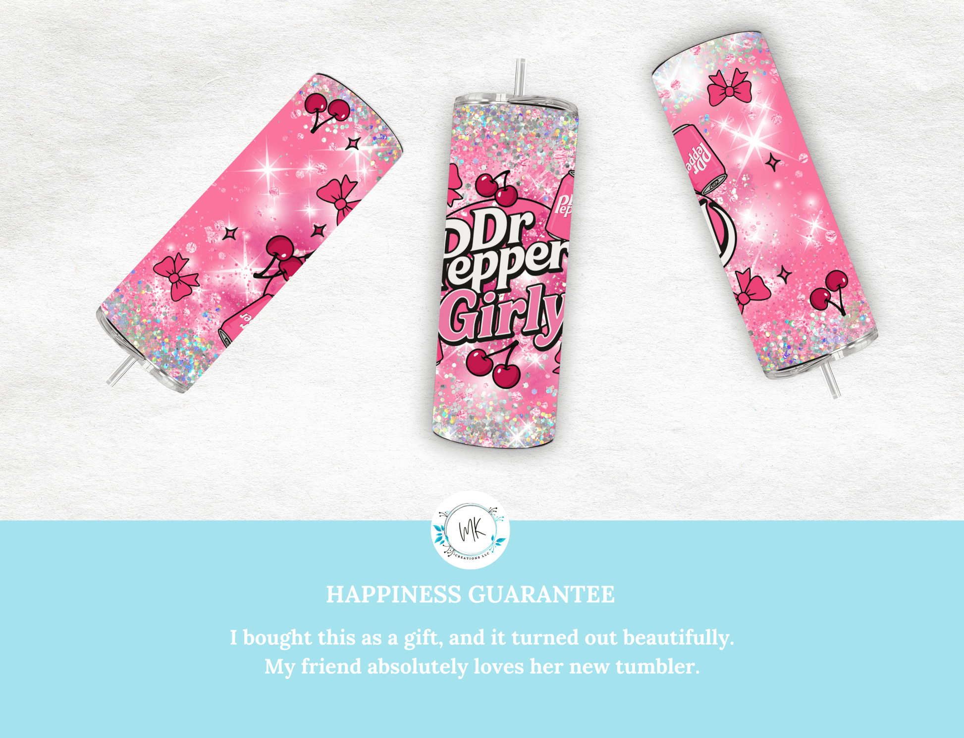 Trendy cherry Dr. Pepper Girly. Pink Bow - Tied Bottle Drinks Wrap for 20oz Tumblers, soda pattern, bows - MK CREATIONS