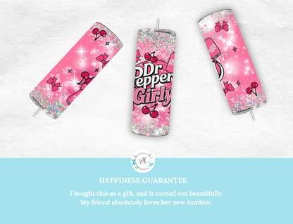 Trendy cherry Dr. Pepper Girly. Pink Bow - Tied Bottle Drinks Wrap for 20oz Tumblers, soda pattern, bows - MK CREATIONS