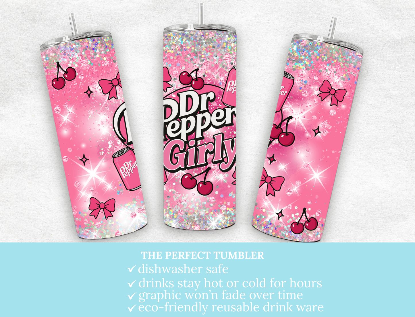 Trendy cherry Dr. Pepper Girly. Pink Bow - Tied Bottle Drinks Wrap for 20oz Tumblers, soda pattern, bows - MK CREATIONS