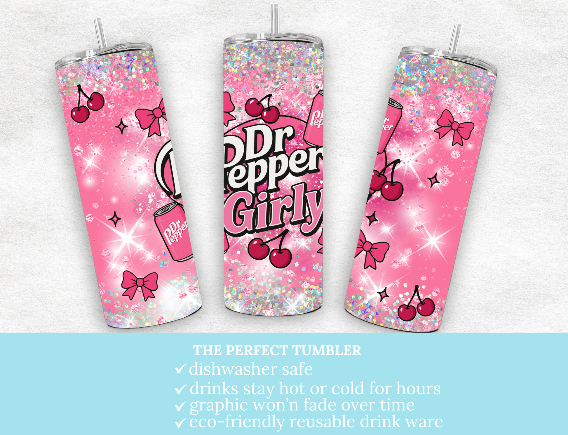 Trendy cherry Dr. Pepper Girly. Pink Bow - Tied Bottle Drinks Wrap for 20oz Tumblers, soda pattern, bows - MK CREATIONS