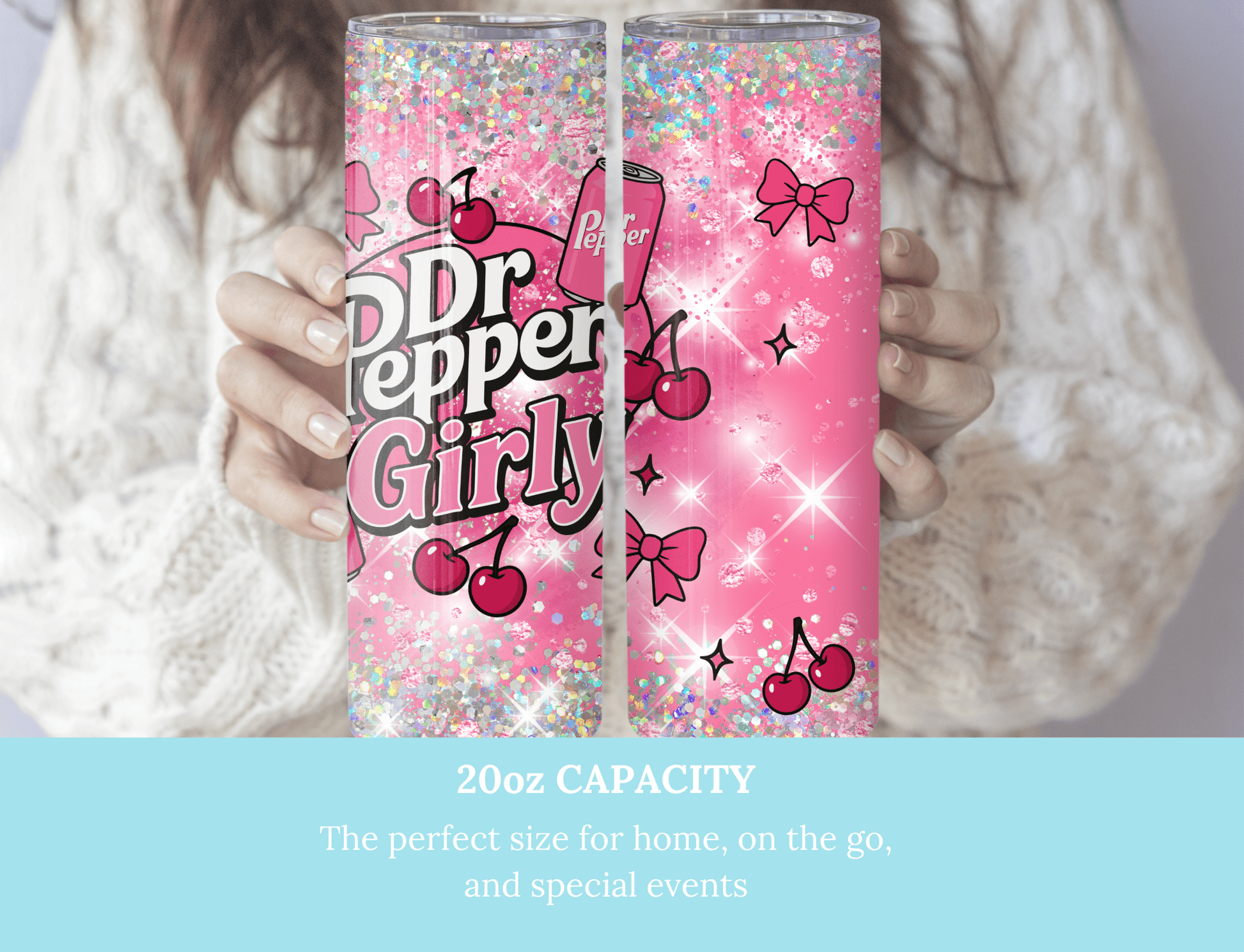 Trendy cherry Dr. Pepper Girly. Pink Bow - Tied Bottle Drinks Wrap for 20oz Tumblers, soda pattern, bows - MK CREATIONS