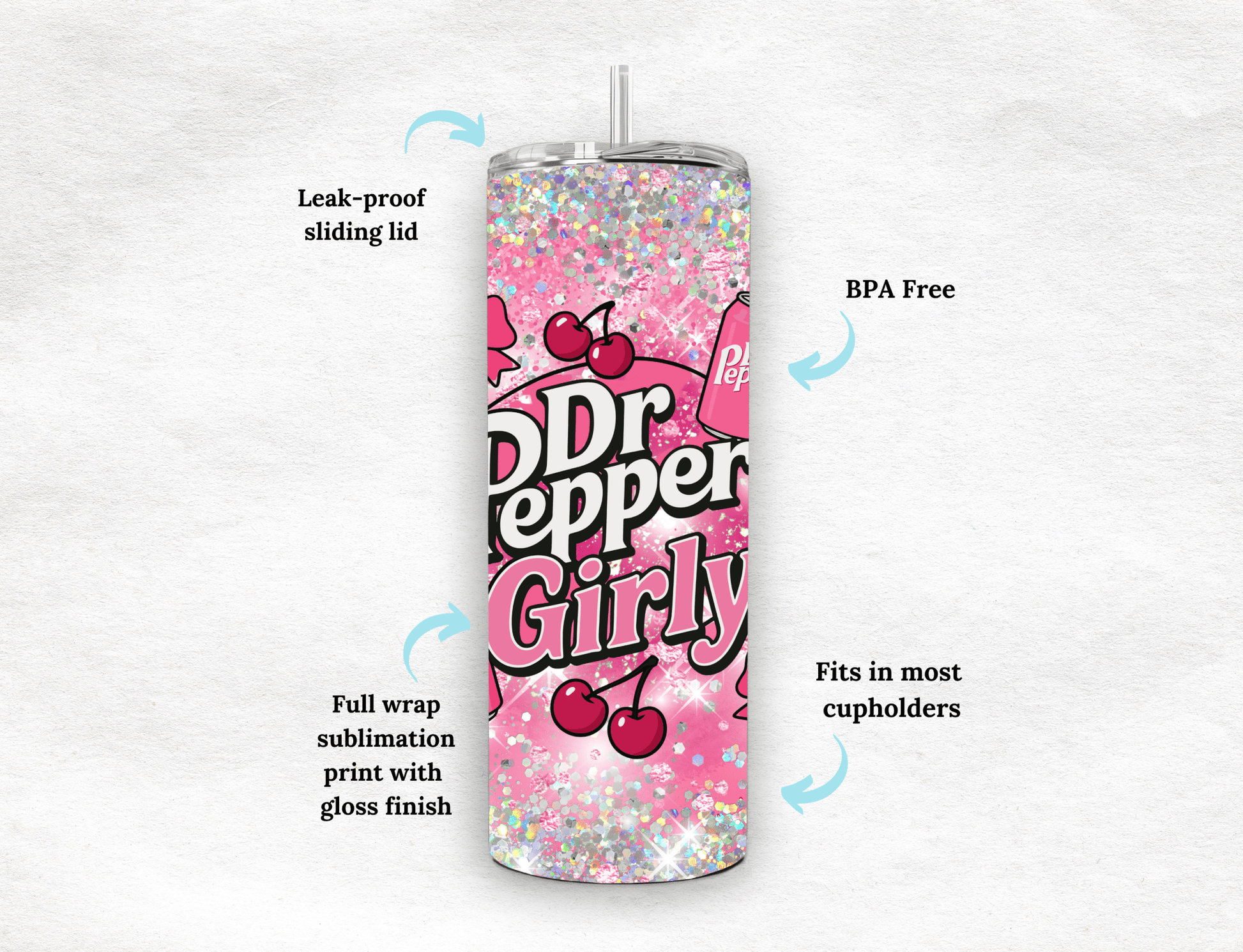 Trendy cherry Dr. Pepper Girly. Pink Bow - Tied Bottle Drinks Wrap for 20oz Tumblers, soda pattern, bows - MK CREATIONS