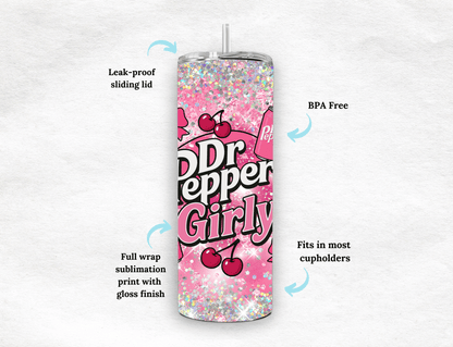 Trendy cherry Dr. Pepper Girly. Pink Bow - Tied Bottle Drinks Wrap for 20oz Tumblers, soda pattern, bows - MK CREATIONS