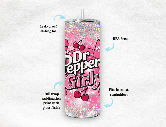 Trendy cherry Dr. Pepper Girly. Pink Bow - Tied Bottle Drinks Wrap for 20oz Tumblers, soda pattern, bows - MK CREATIONS
